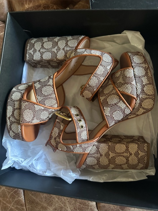 Coach Shoes - Coach “Nelly” jacquard signature cocoa amber Block Heel Sandals